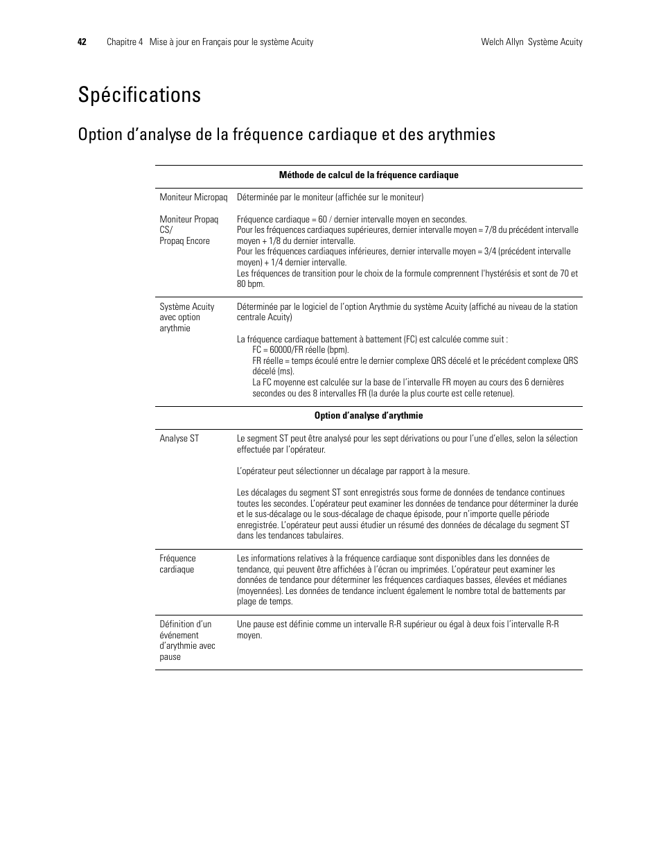 Spécifications | Welch Allyn Acuity 6.31.01 User Manual Update - User Manual User Manual | Page 46 / 64