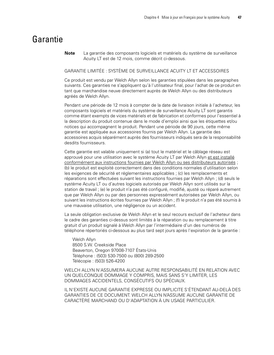 Garantie | Welch Allyn Acuity 6.31.01 User Manual Update - User Manual User Manual | Page 51 / 64