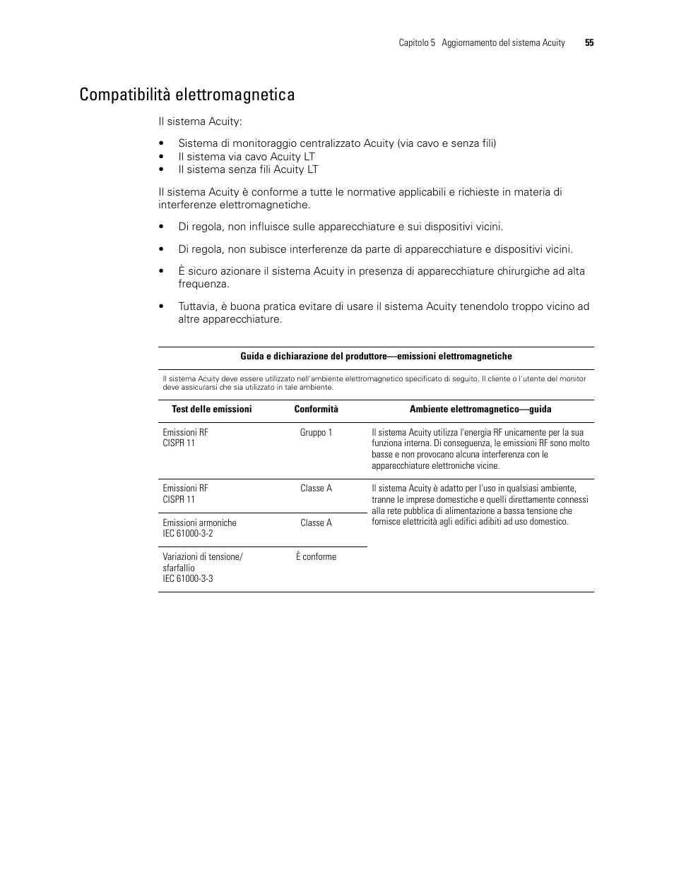 Compatibilità elettromagnetica | Welch Allyn Acuity 6.31.01 User Manual Update - User Manual User Manual | Page 59 / 64