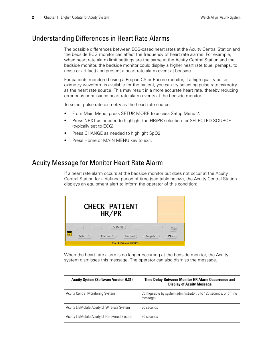 Understanding differences in heart rate alarms, Acuity message for monitor heart rate alarm | Welch Allyn Acuity 6.31.01 User Manual Update - User Manual User Manual | Page 6 / 64