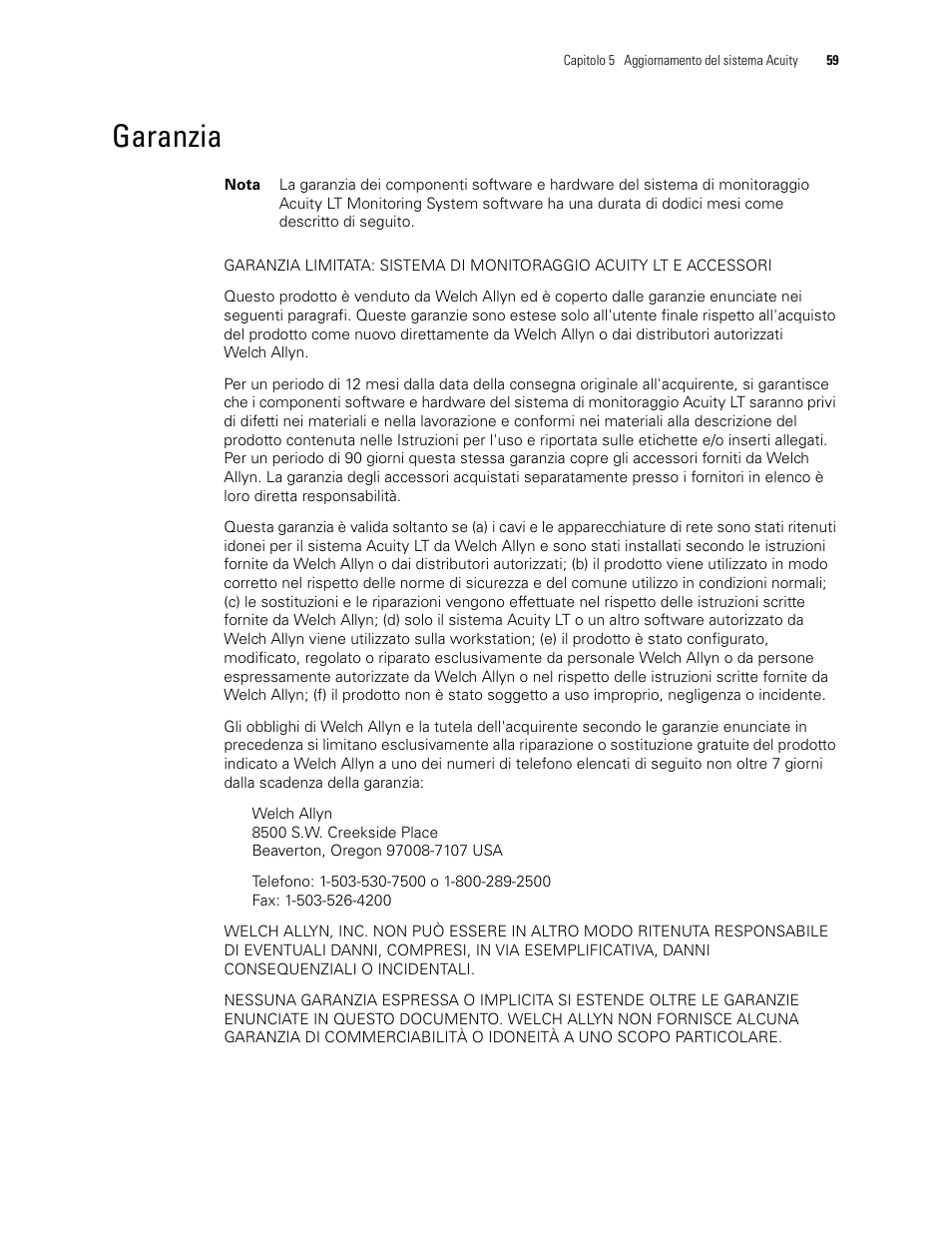 Garanzia | Welch Allyn Acuity 6.31.01 User Manual Update - User Manual User Manual | Page 63 / 64
