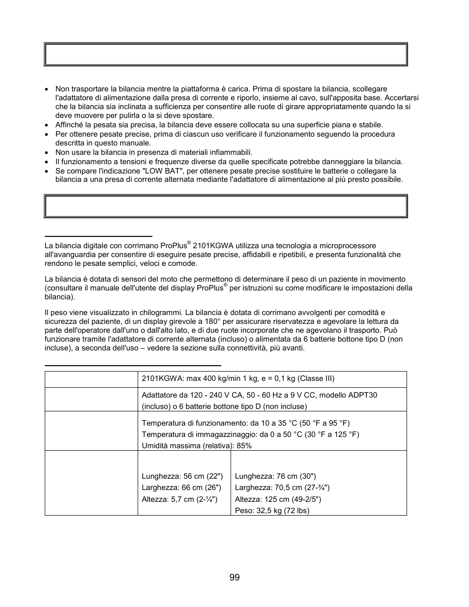 Precauzioni e avvertenze, Dati tecnici | Welch Allyn PROPLUS 2101KGWA Health-o-Meter Professional Scales - User Manual User Manual | Page 100 / 158