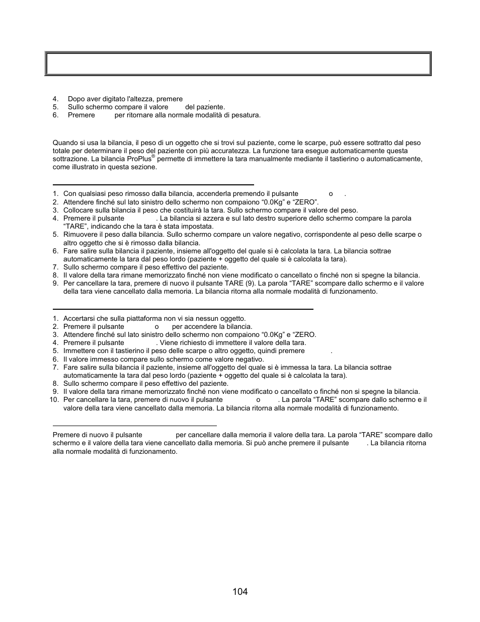 Istruzioni di avvio rapido (segue), Calcolo del bmi (segue), Funzione tara | Immissione automatica (pulsante “tare”), Rimozione del valore della tara | Welch Allyn PROPLUS 2101KGWA Health-o-Meter Professional Scales - User Manual User Manual | Page 105 / 158