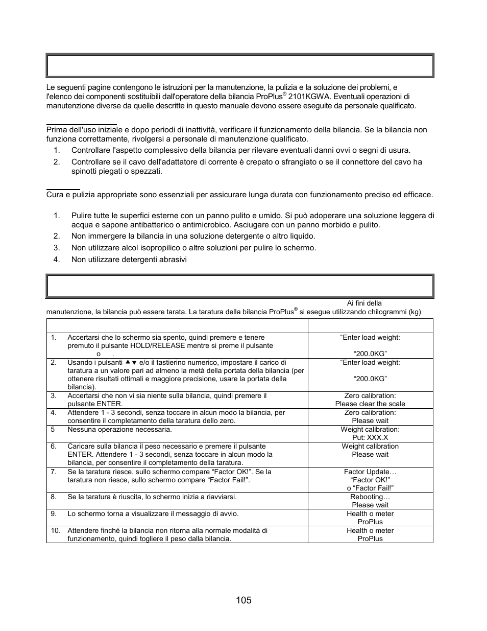 Manutenzione / taratura, Manutenzione, Taratura della bilancia 2101kgwa | Welch Allyn PROPLUS 2101KGWA Health-o-Meter Professional Scales - User Manual User Manual | Page 106 / 158