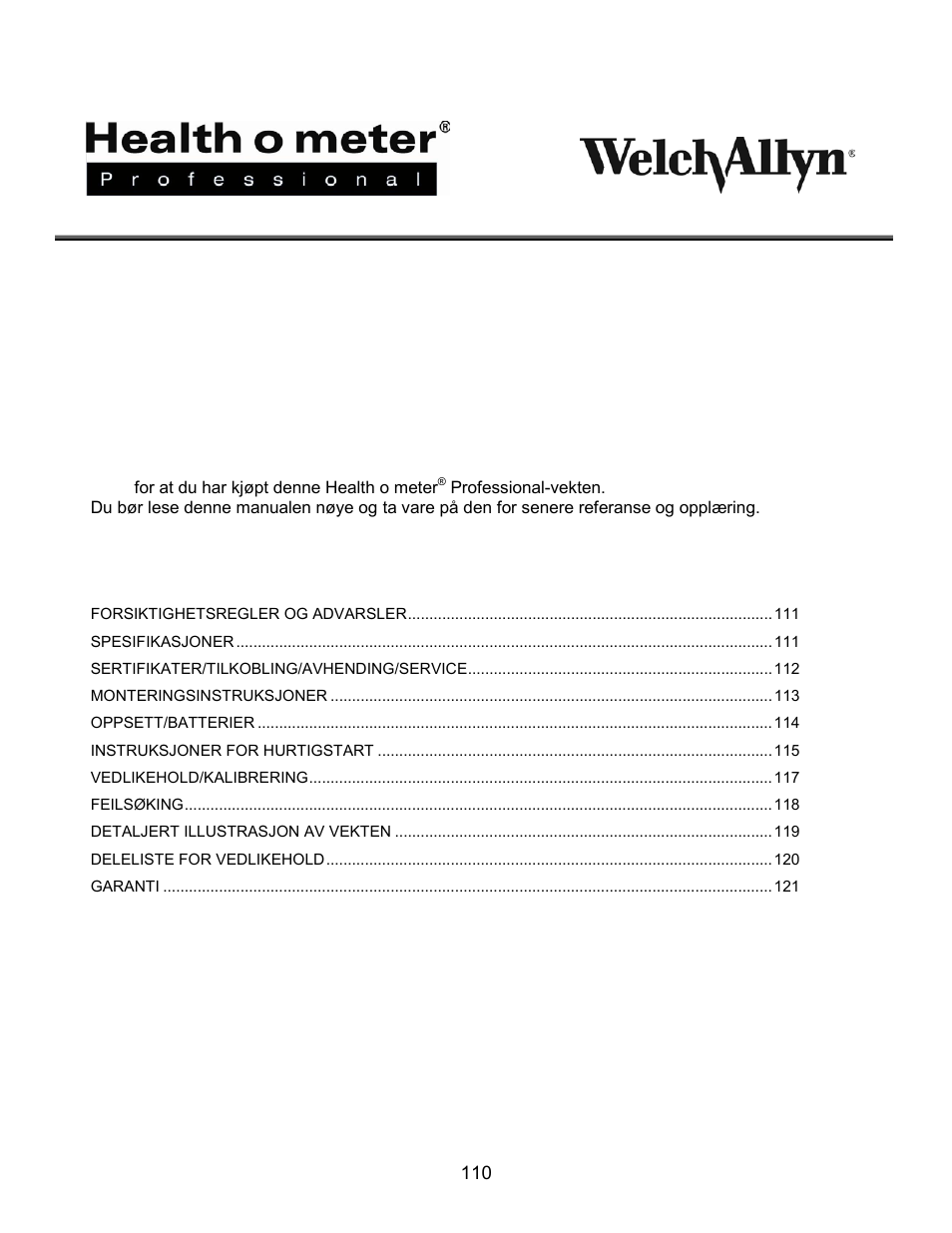 Innholdsfortegnelse, Proplus, 2101kgwa | Welch Allyn PROPLUS 2101KGWA Health-o-Meter Professional Scales - User Manual User Manual | Page 111 / 158