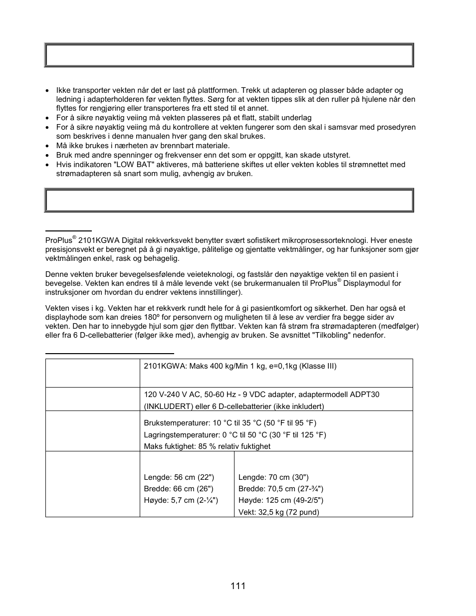 Forsiktighetsregler og advarsler, Spesifikasjoner | Welch Allyn PROPLUS 2101KGWA Health-o-Meter Professional Scales - User Manual User Manual | Page 112 / 158
