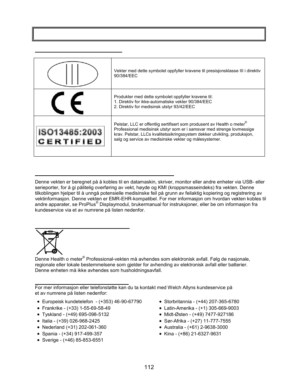 Sertifikater/tilkobling/avhending/service, Sertifikater/tilkobling/avhending | Welch Allyn PROPLUS 2101KGWA Health-o-Meter Professional Scales - User Manual User Manual | Page 113 / 158
