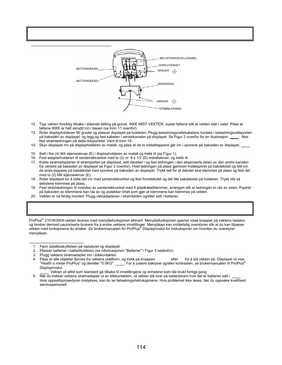 Oppsett/batterier, Monteringsinstruksjoner (fortsatt), Oppsett | Welch Allyn PROPLUS 2101KGWA Health-o-Meter Professional Scales - User Manual User Manual | Page 115 / 158