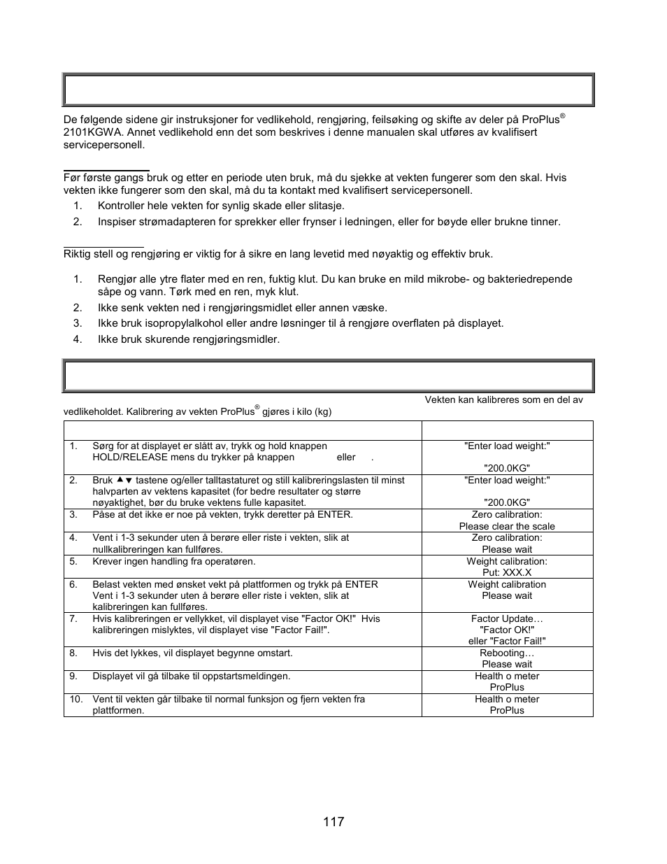 Vedlikehold/kalibrering, Vedlikehold, Kalibrering av 2101kgwa | Welch Allyn PROPLUS 2101KGWA Health-o-Meter Professional Scales - User Manual User Manual | Page 118 / 158
