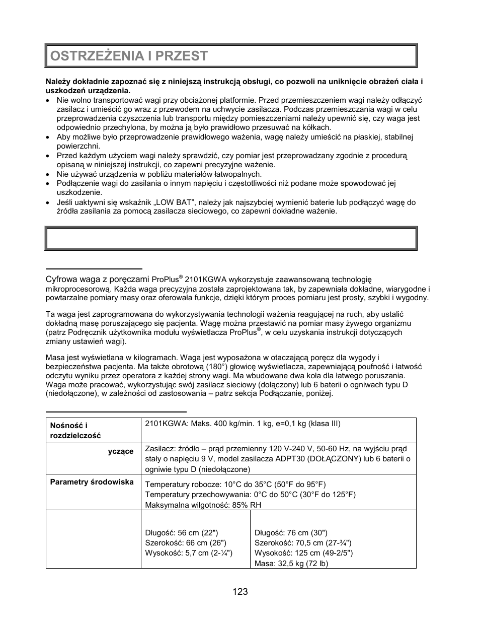 Ostrzeżenia i przestrogi, Specyfikacje | Welch Allyn PROPLUS 2101KGWA Health-o-Meter Professional Scales - User Manual User Manual | Page 124 / 158