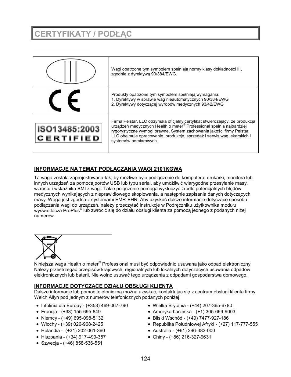 Certyfikaty/podłączanie/utylizacja/serwis, Certyfikaty / podłączanie / utylizacja | Welch Allyn PROPLUS 2101KGWA Health-o-Meter Professional Scales - User Manual User Manual | Page 125 / 158