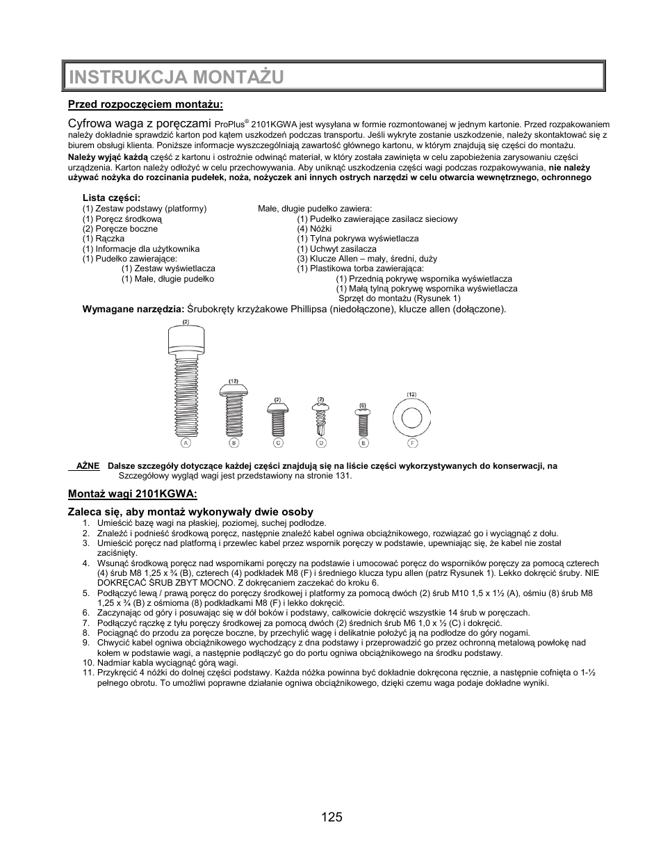 Instrukcja montażu, Cyfrowa waga z poręczami | Welch Allyn PROPLUS 2101KGWA Health-o-Meter Professional Scales - User Manual User Manual | Page 126 / 158