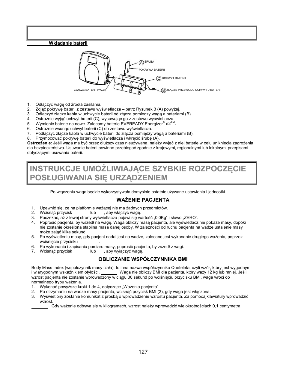 Uruchamianie/baterie | Welch Allyn PROPLUS 2101KGWA Health-o-Meter Professional Scales - User Manual User Manual | Page 128 / 158