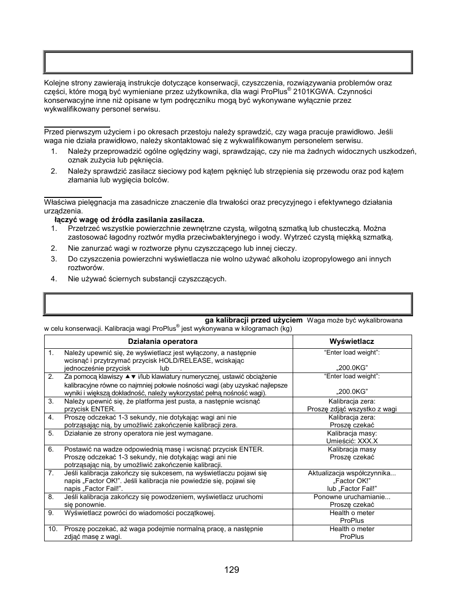 Konserwacja/kalibracja, Konserwacja, Kalibracja wagi 2101kgwa | Welch Allyn PROPLUS 2101KGWA Health-o-Meter Professional Scales - User Manual User Manual | Page 130 / 158