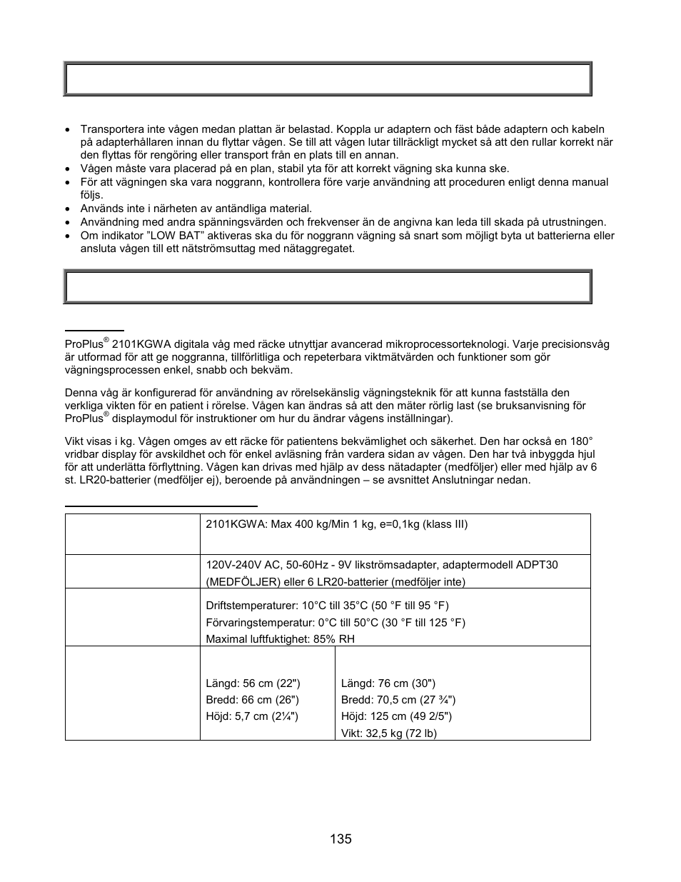 Försiktighetsåtgärder och varningar, Specifikationer, Försiktighetåtgärder och varningar | Welch Allyn PROPLUS 2101KGWA Health-o-Meter Professional Scales - User Manual User Manual | Page 136 / 158