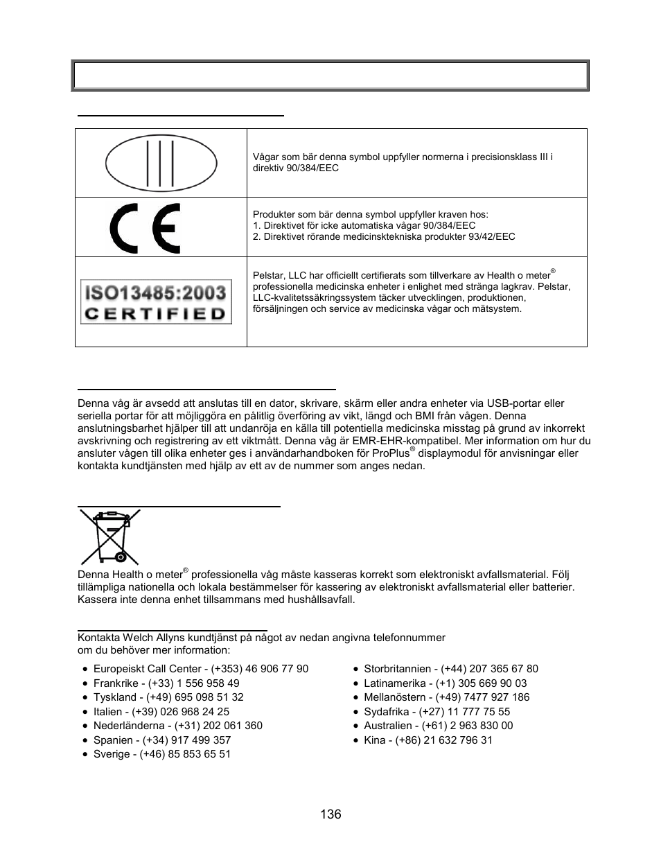 Certifieringar/anslutning/kassering/service, Certifieringar/anslutning/kassering | Welch Allyn PROPLUS 2101KGWA Health-o-Meter Professional Scales - User Manual User Manual | Page 137 / 158