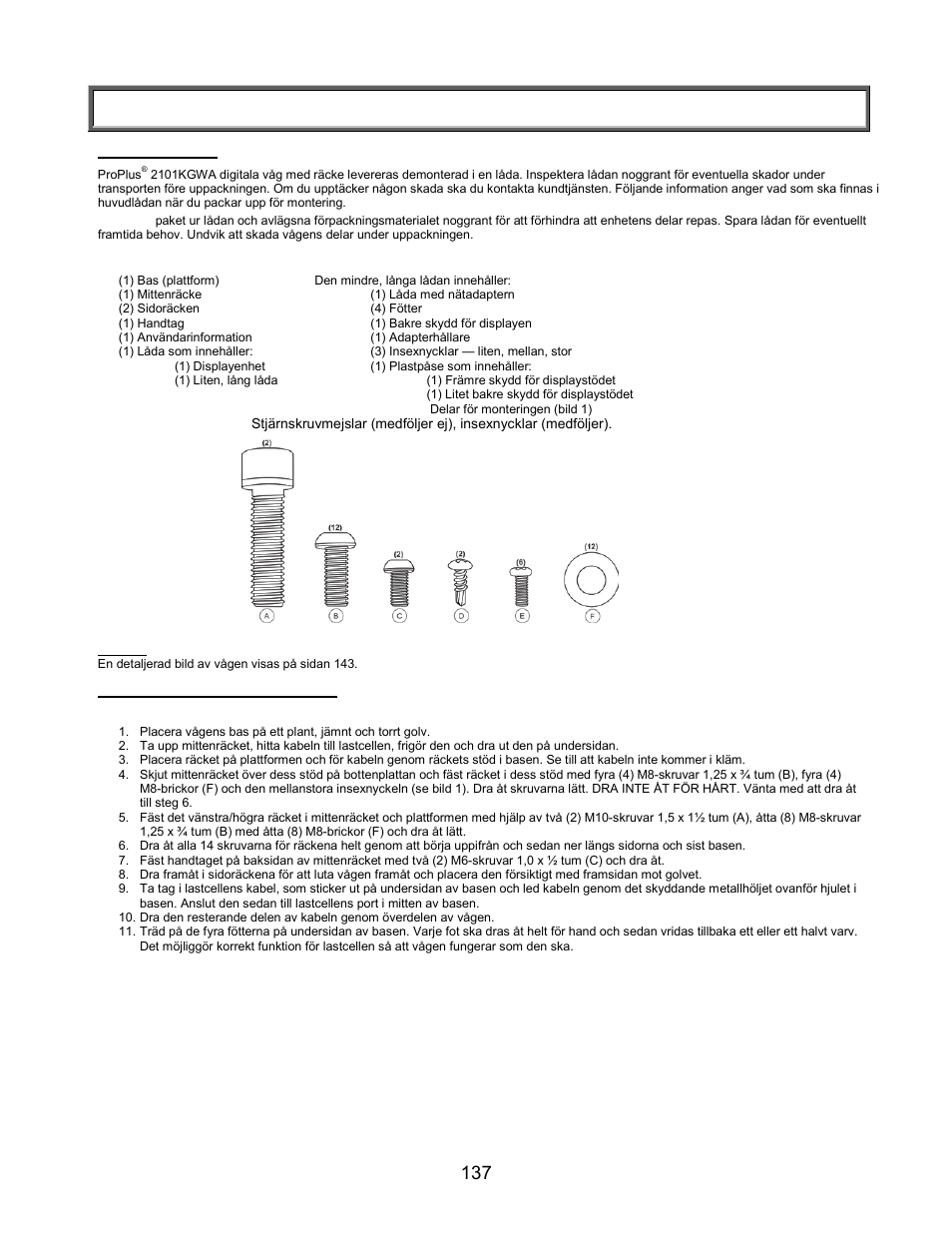 Monteringsanvisningar | Welch Allyn PROPLUS 2101KGWA Health-o-Meter Professional Scales - User Manual User Manual | Page 138 / 158