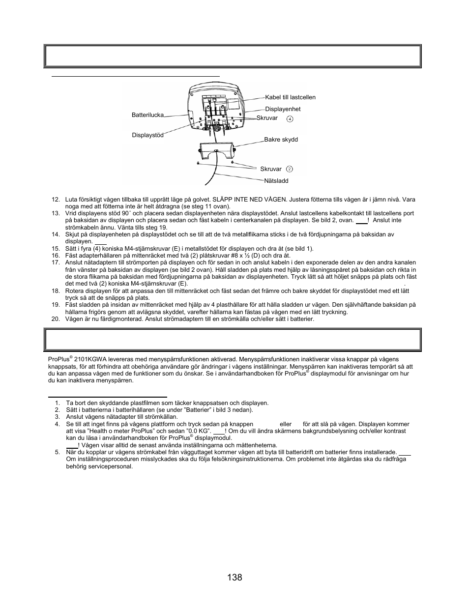 Montering/batterier, Monteringsanvisningar (fortsättning), Inställning | Welch Allyn PROPLUS 2101KGWA Health-o-Meter Professional Scales - User Manual User Manual | Page 139 / 158