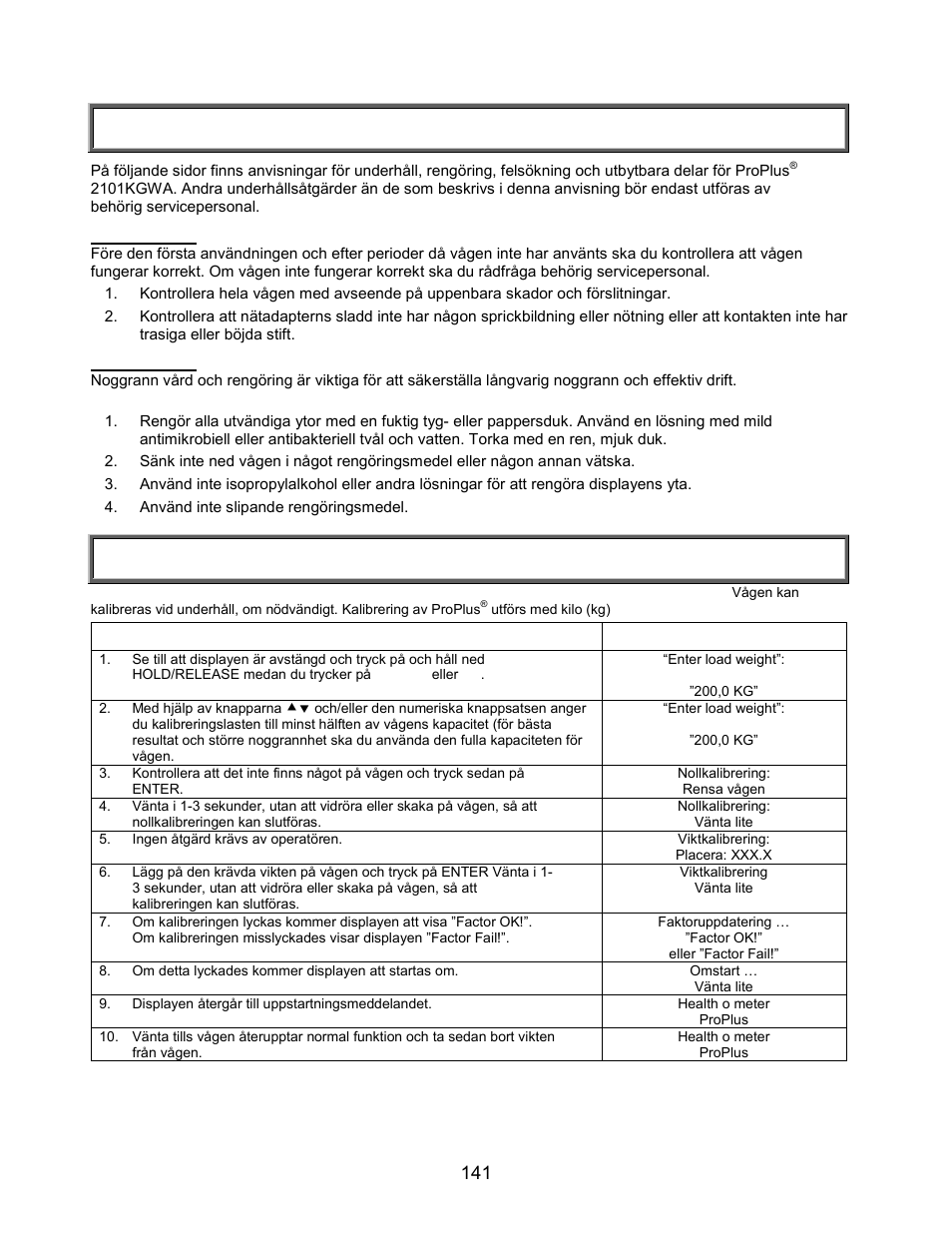 Underhåll/kalibrering, Underhåll, Kalibrering av 2101kgwa | Welch Allyn PROPLUS 2101KGWA Health-o-Meter Professional Scales - User Manual User Manual | Page 142 / 158