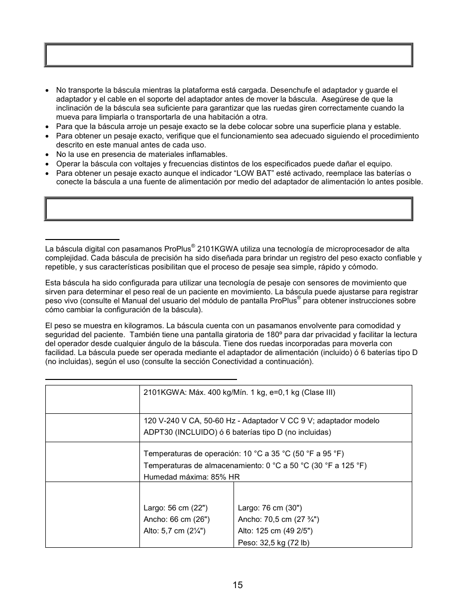 Precauciones y advertencias, Especificaciones | Welch Allyn PROPLUS 2101KGWA Health-o-Meter Professional Scales - User Manual User Manual | Page 16 / 158