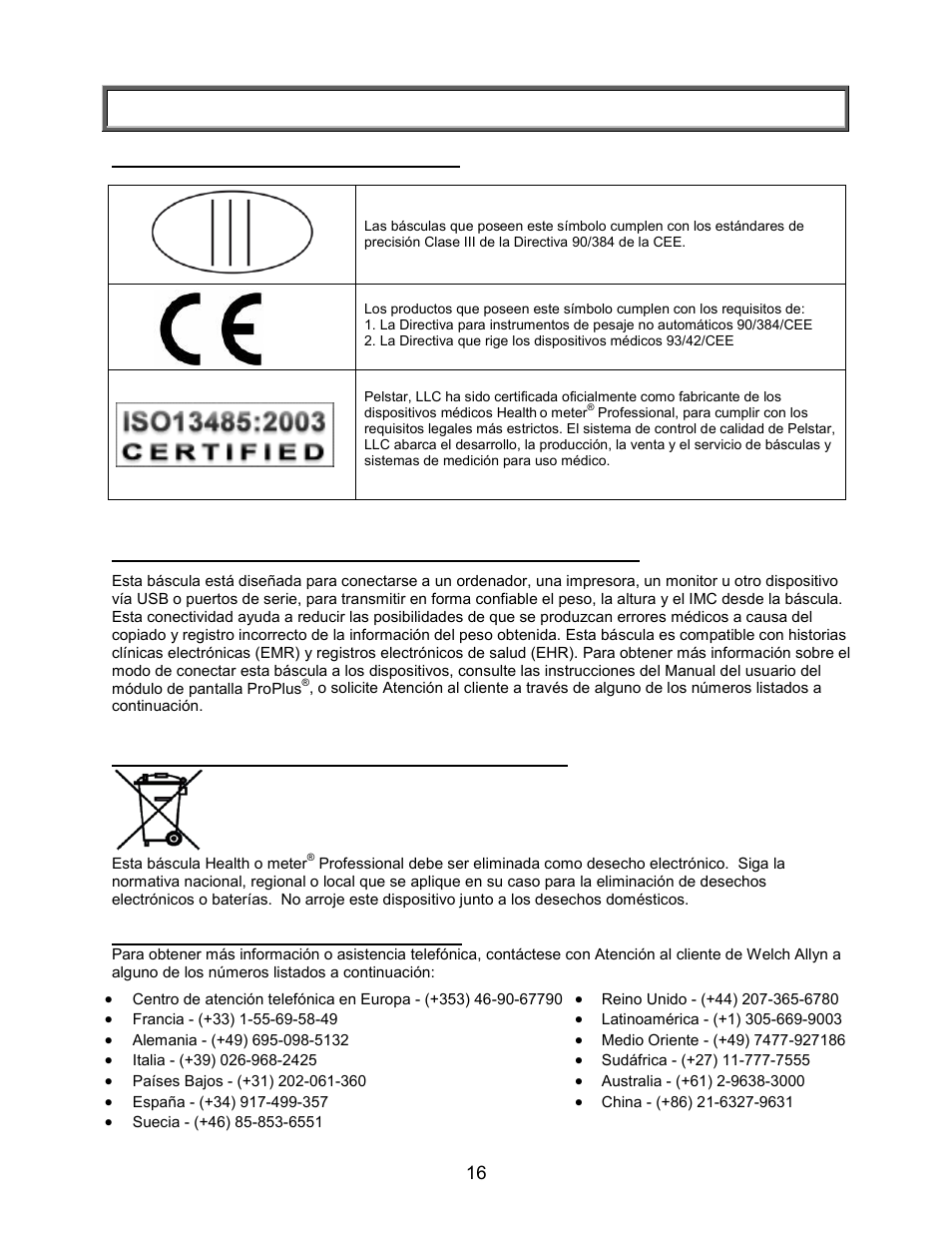 Certificaciones/conectividad/eliminación/servicio, Certificaciones/conectividad/eliminación | Welch Allyn PROPLUS 2101KGWA Health-o-Meter Professional Scales - User Manual User Manual | Page 17 / 158