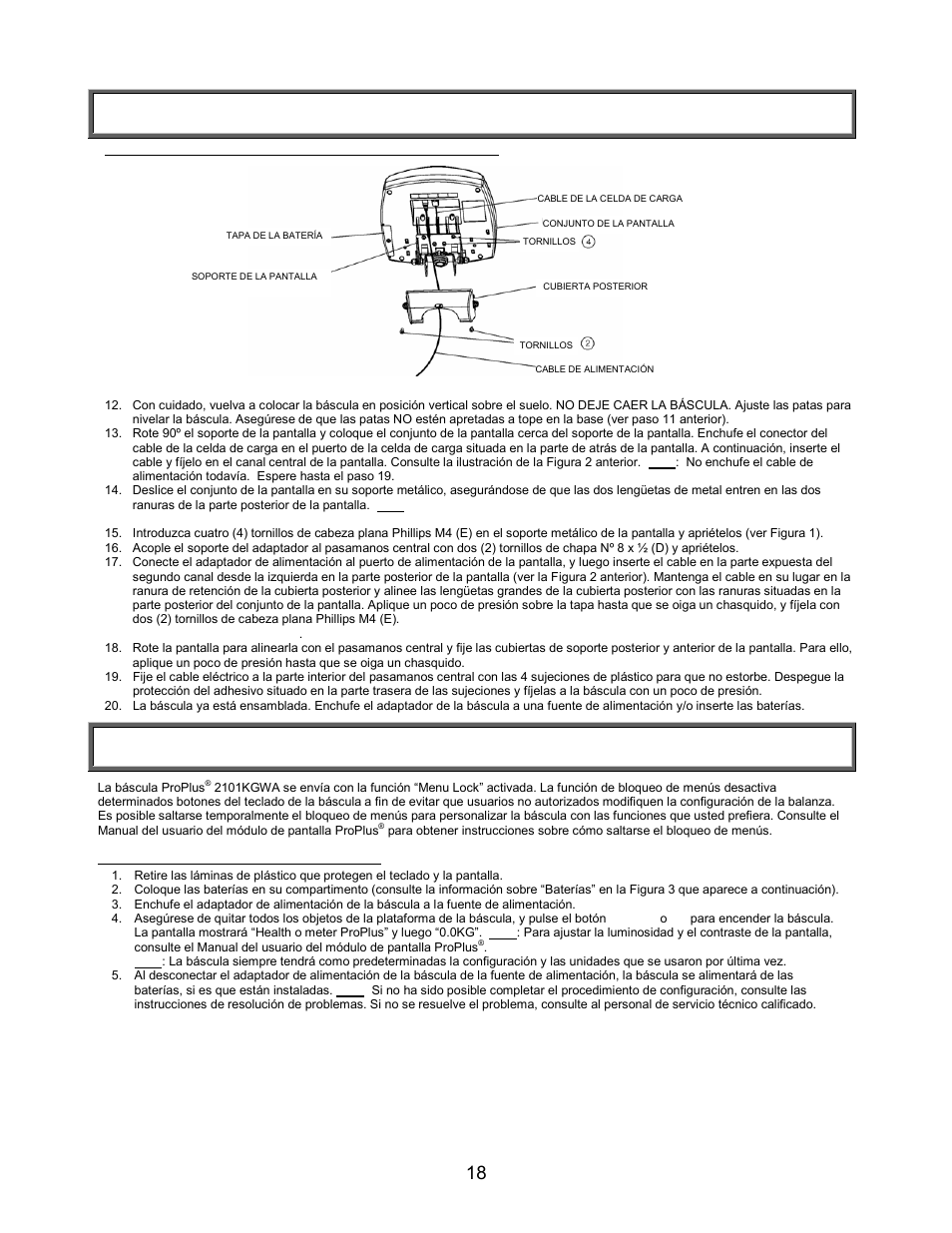 Configuración/baterías, Instrucciones de ensamblaje (continuación), Configuración | Welch Allyn PROPLUS 2101KGWA Health-o-Meter Professional Scales - User Manual User Manual | Page 19 / 158