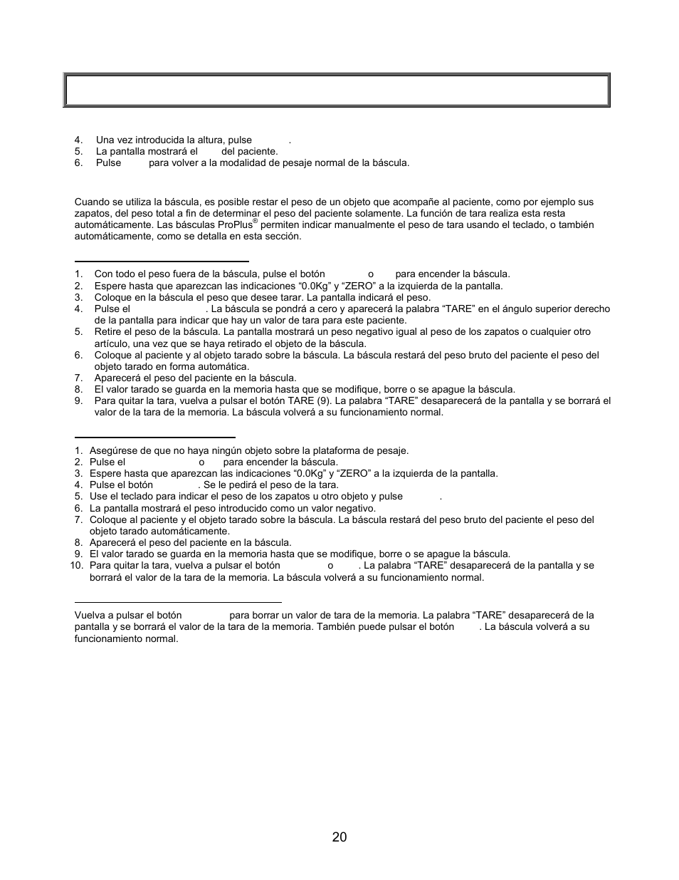 Instrucciones de inicio rápido (continuación), Para calcular el imc (continuación), Función de tara | Tara automática (botón), Tara manual (teclado), Para quitar el valor de tara | Welch Allyn PROPLUS 2101KGWA Health-o-Meter Professional Scales - User Manual User Manual | Page 21 / 158