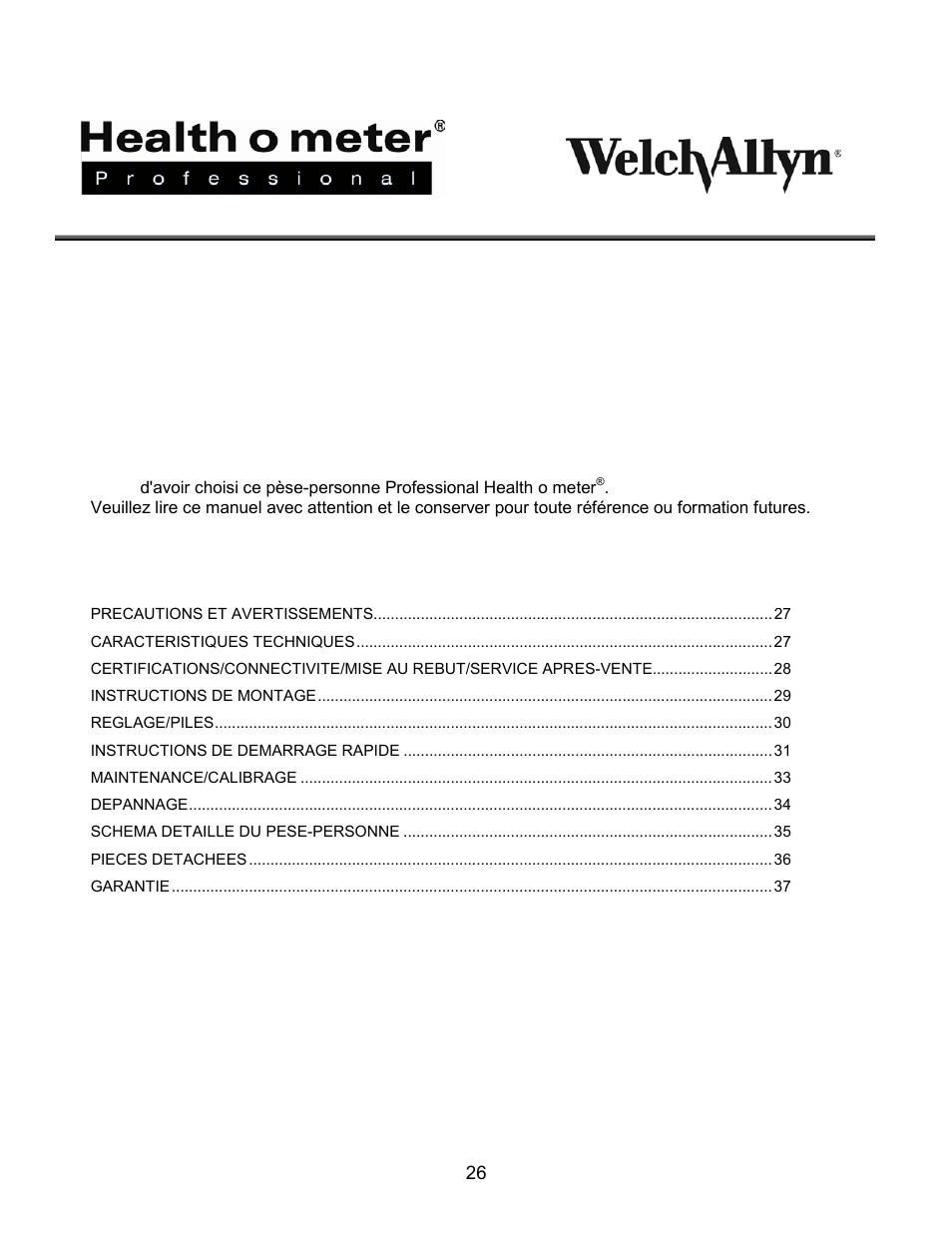Table des matieres, Proplus, 2101kgwa | Welch Allyn PROPLUS 2101KGWA Health-o-Meter Professional Scales - User Manual User Manual | Page 27 / 158
