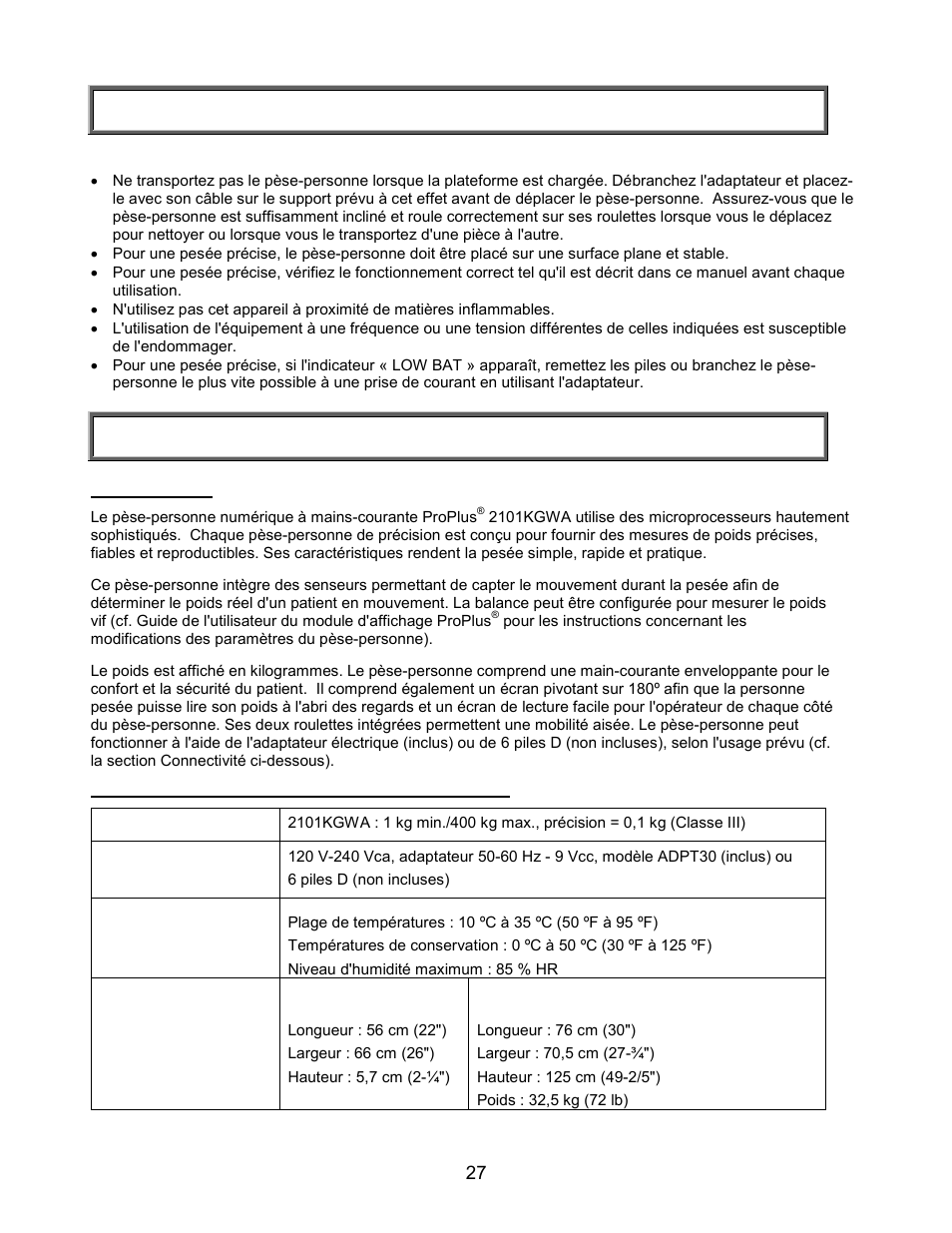 Precautions et avertissements, Caracteristiques techniques | Welch Allyn PROPLUS 2101KGWA Health-o-Meter Professional Scales - User Manual User Manual | Page 28 / 158