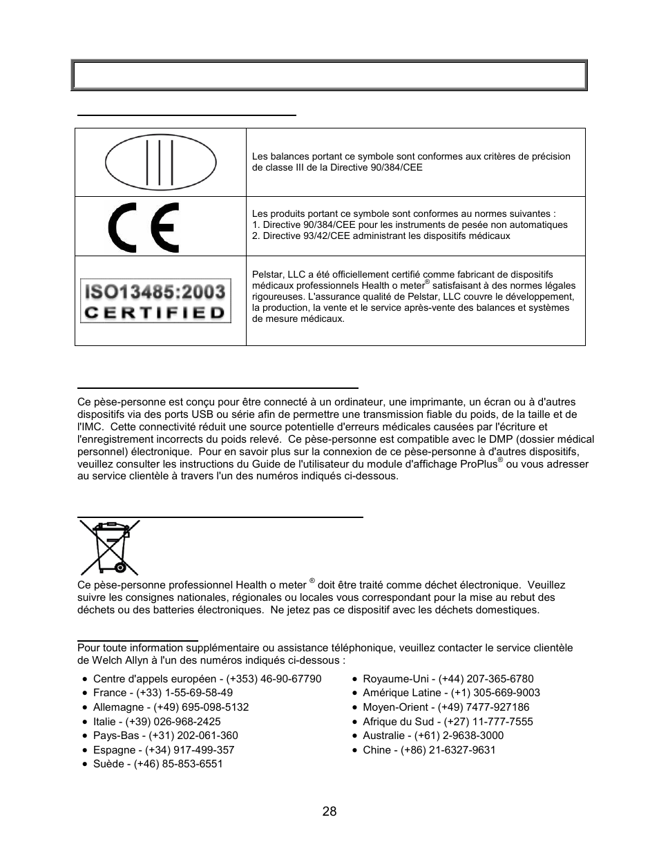 Certifications/connectivite/mise au rebut | Welch Allyn PROPLUS 2101KGWA Health-o-Meter Professional Scales - User Manual User Manual | Page 29 / 158