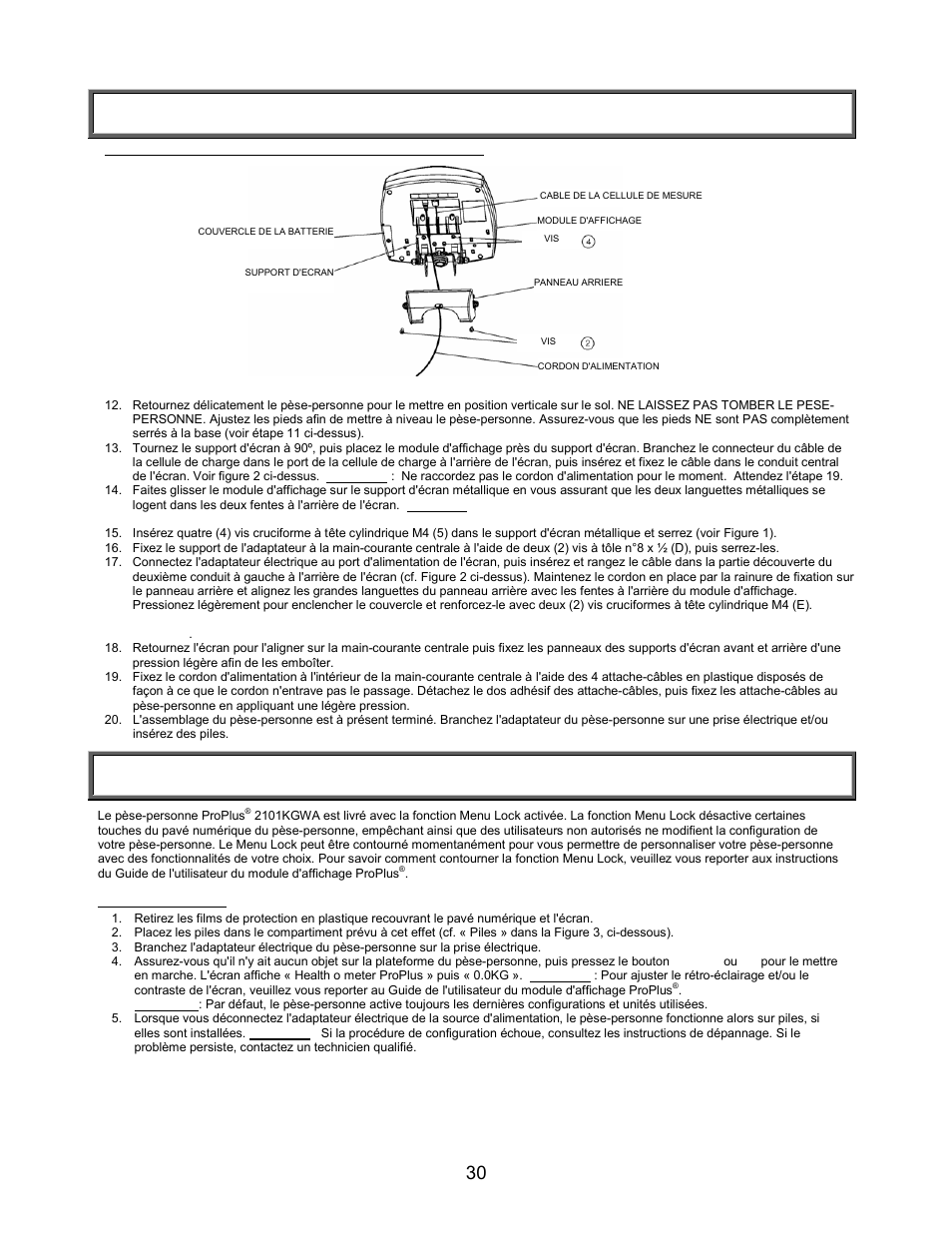 Reglage/piles, Instructions de montage (suite), Reglage | Welch Allyn PROPLUS 2101KGWA Health-o-Meter Professional Scales - User Manual User Manual | Page 31 / 158