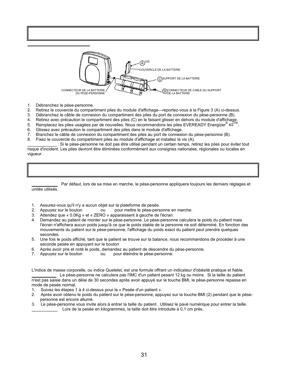 Instructions de demarrage rapide, Reglage/piles | Welch Allyn PROPLUS 2101KGWA Health-o-Meter Professional Scales - User Manual User Manual | Page 32 / 158