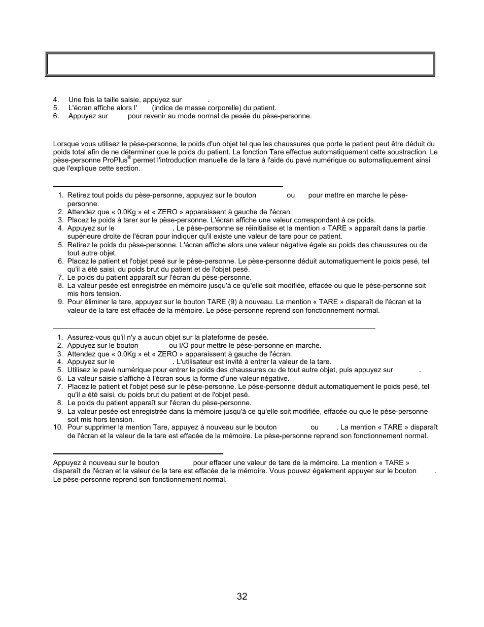 Instructions de demarrage rapide (suite), Calcul de l'imc (suite), Fonction tare | Saisie automatique (bouton de fonction tare), Suppression de la valeur de tare | Welch Allyn PROPLUS 2101KGWA Health-o-Meter Professional Scales - User Manual User Manual | Page 33 / 158