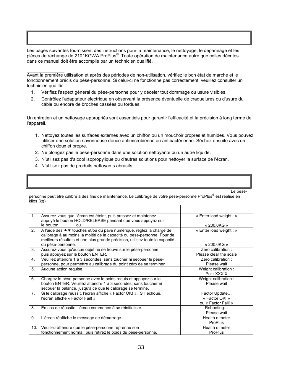 Maintenance/calibrage, Maintenance, Calibrage du 2101kgwa | Welch Allyn PROPLUS 2101KGWA Health-o-Meter Professional Scales - User Manual User Manual | Page 34 / 158