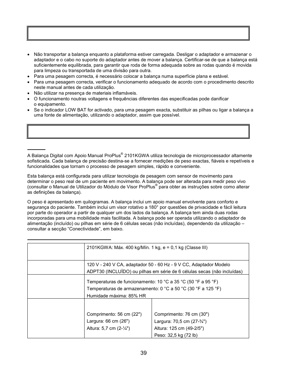 Advertências e avisos, Especificações | Welch Allyn PROPLUS 2101KGWA Health-o-Meter Professional Scales - User Manual User Manual | Page 40 / 158