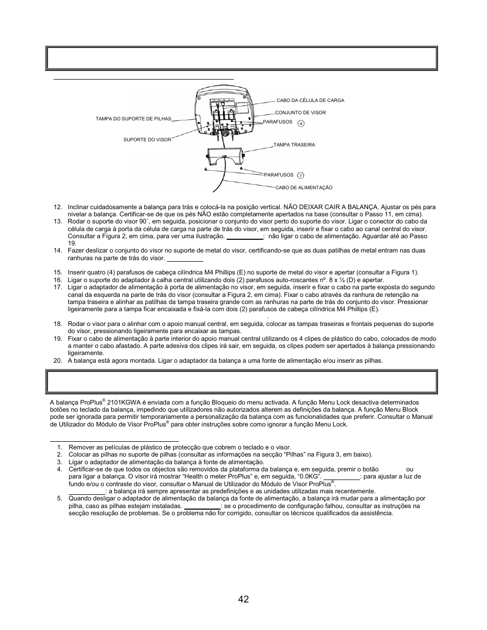 Instruções de montagem (continuação), Configuração/pilhas | Welch Allyn PROPLUS 2101KGWA Health-o-Meter Professional Scales - User Manual User Manual | Page 43 / 158