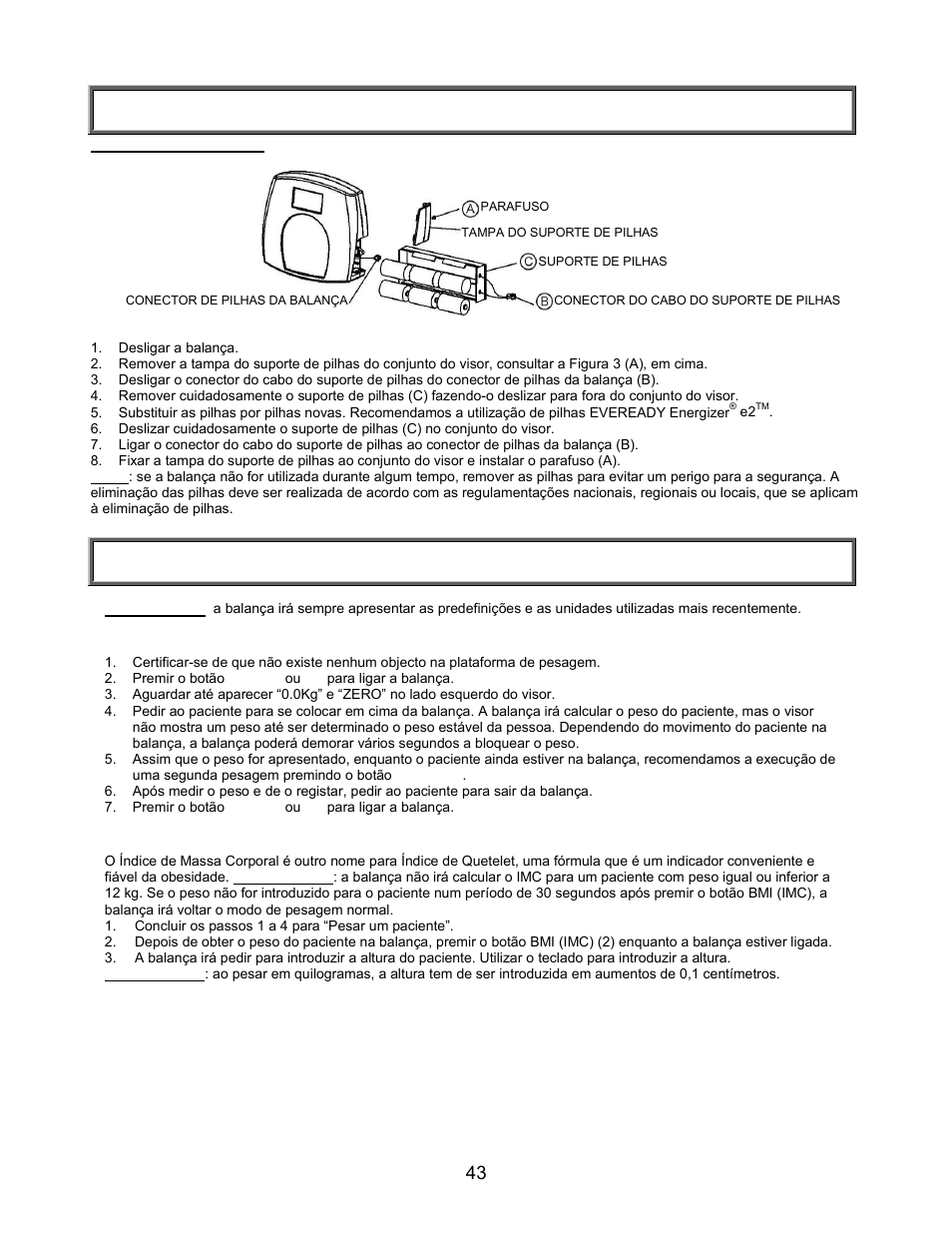 Configuração/pilhas, Instruções de início rápido | Welch Allyn PROPLUS 2101KGWA Health-o-Meter Professional Scales - User Manual User Manual | Page 44 / 158