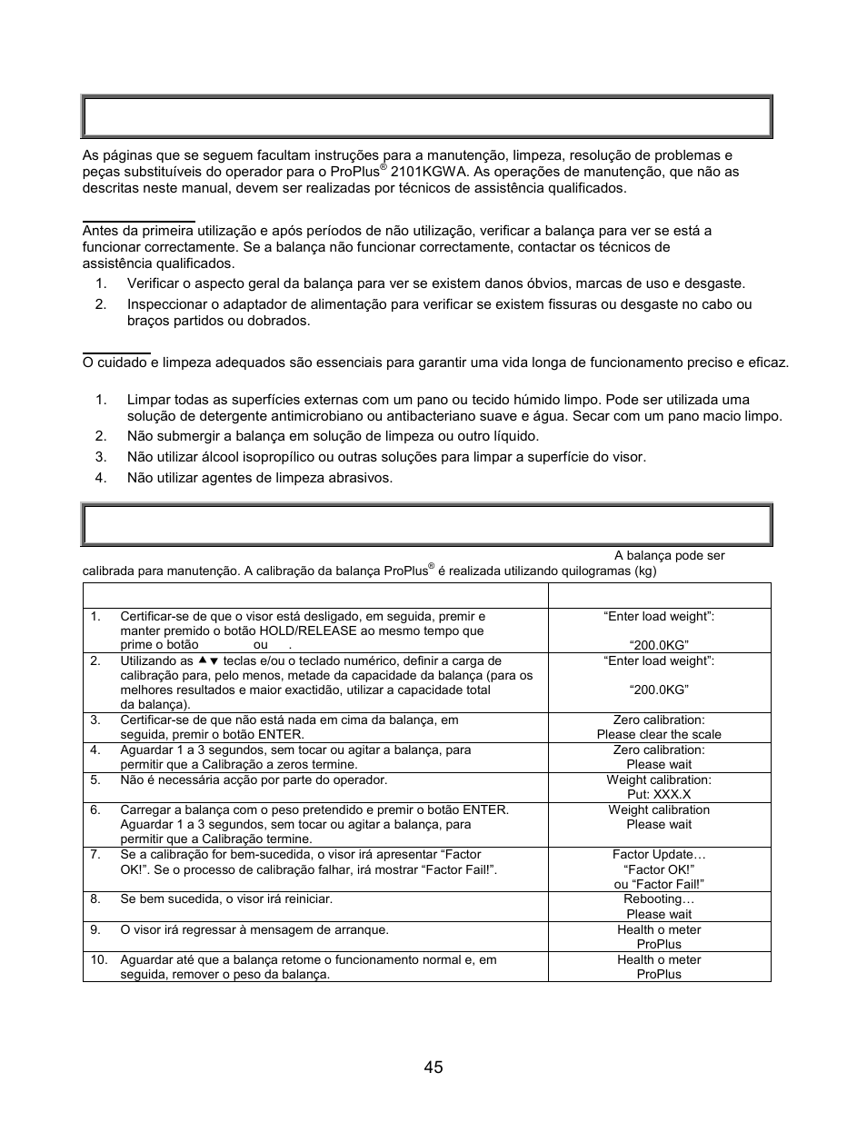 Manutenção/calibração, Manutenção, Calibração da 2101kgwa | Welch Allyn PROPLUS 2101KGWA Health-o-Meter Professional Scales - User Manual User Manual | Page 46 / 158