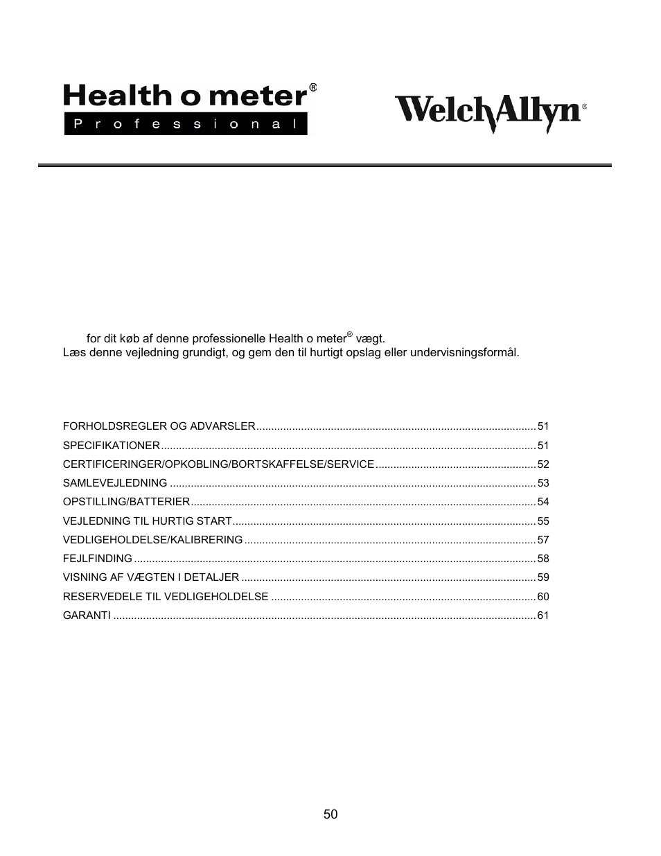 Indholdsfortegnelse, Proplus, 2101kgwa | Welch Allyn PROPLUS 2101KGWA Health-o-Meter Professional Scales - User Manual User Manual | Page 51 / 158