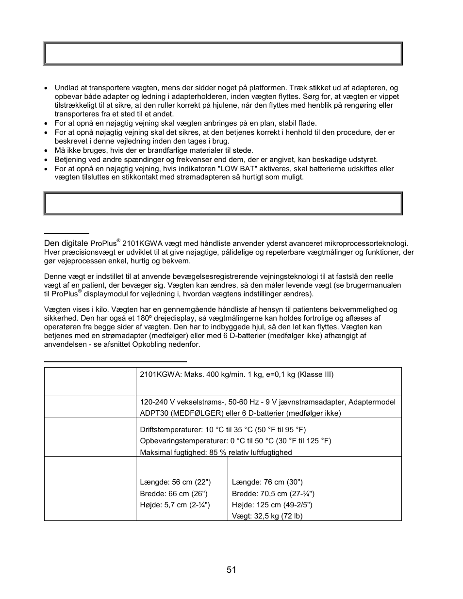 Forholdsregler og advarsler, Specifikationer | Welch Allyn PROPLUS 2101KGWA Health-o-Meter Professional Scales - User Manual User Manual | Page 52 / 158