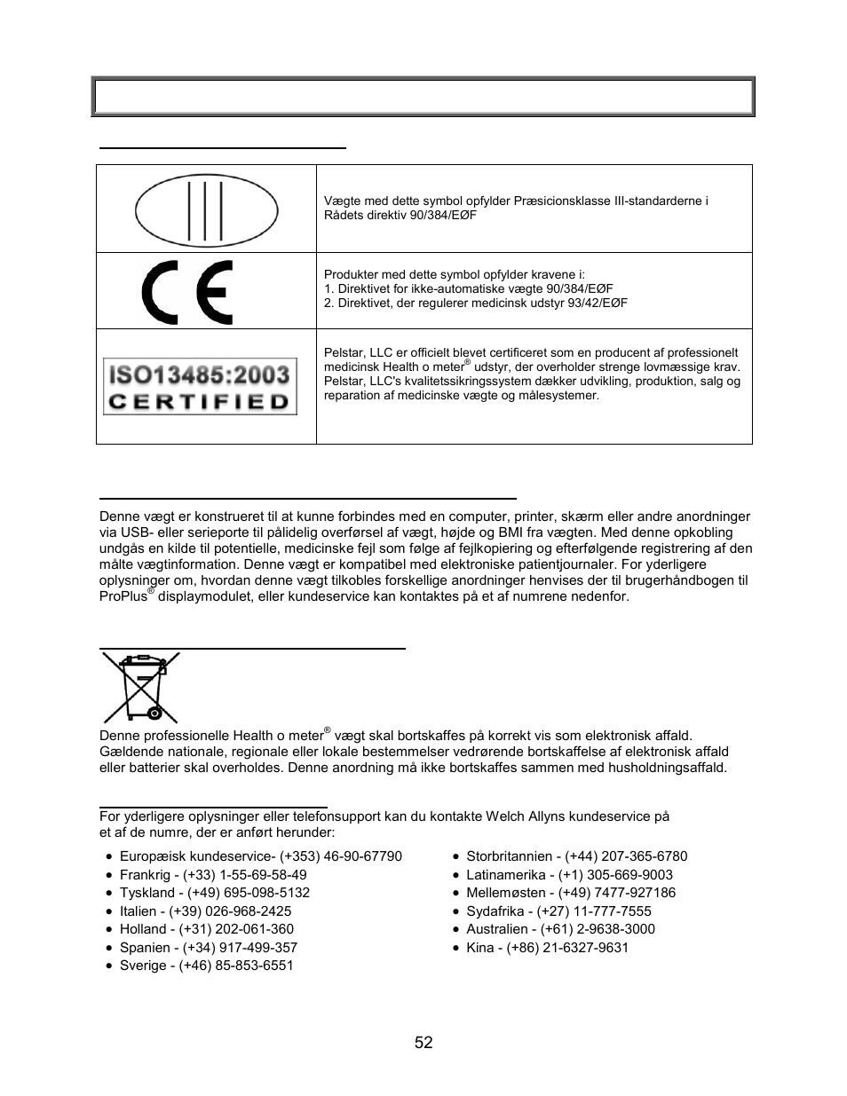 Certificeringer/opkobling/bortskaffelse/service, Certificeringer/opkobling/bortskaffelse | Welch Allyn PROPLUS 2101KGWA Health-o-Meter Professional Scales - User Manual User Manual | Page 53 / 158