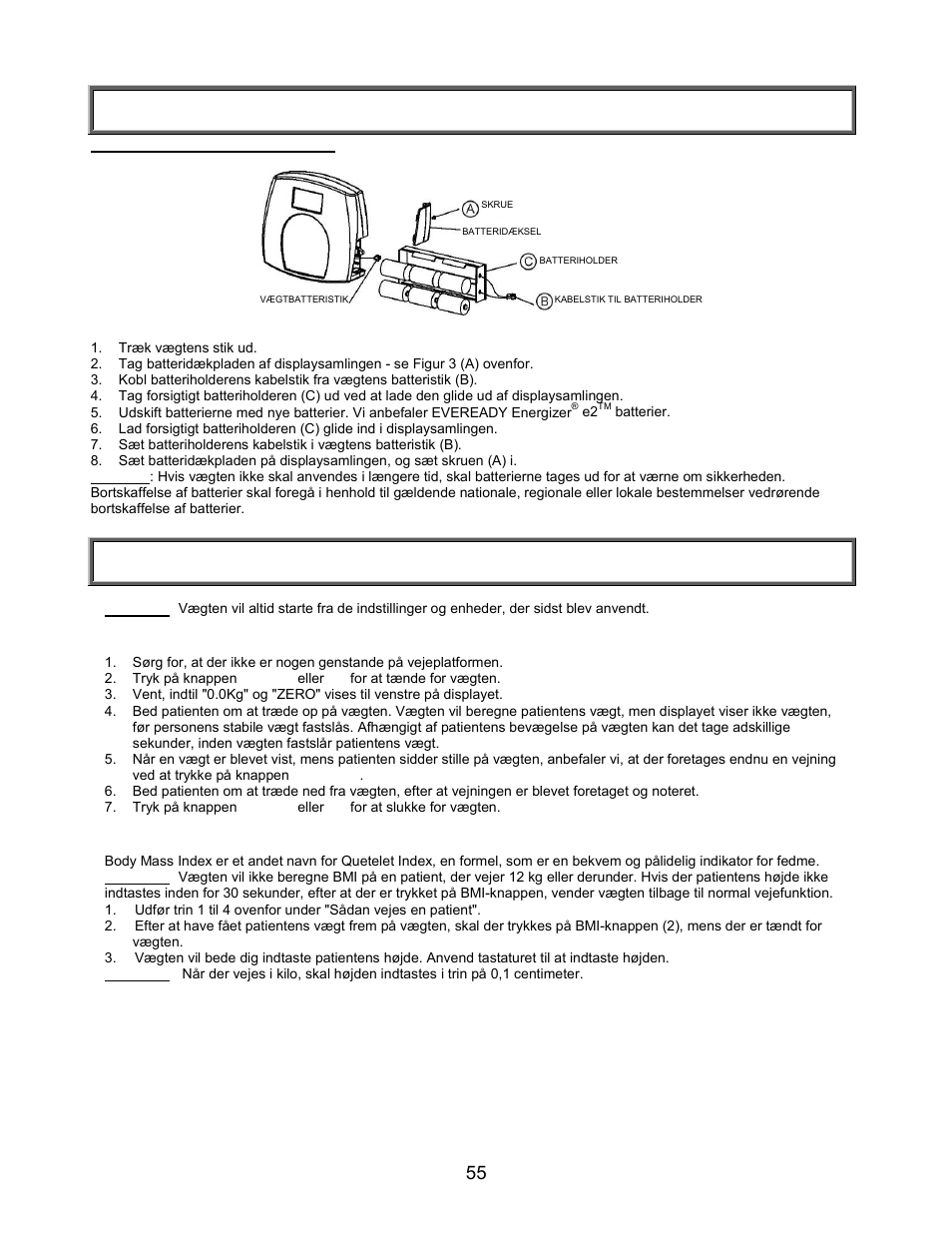 Vejledning til hurtig start, Opstilling/batterier | Welch Allyn PROPLUS 2101KGWA Health-o-Meter Professional Scales - User Manual User Manual | Page 56 / 158