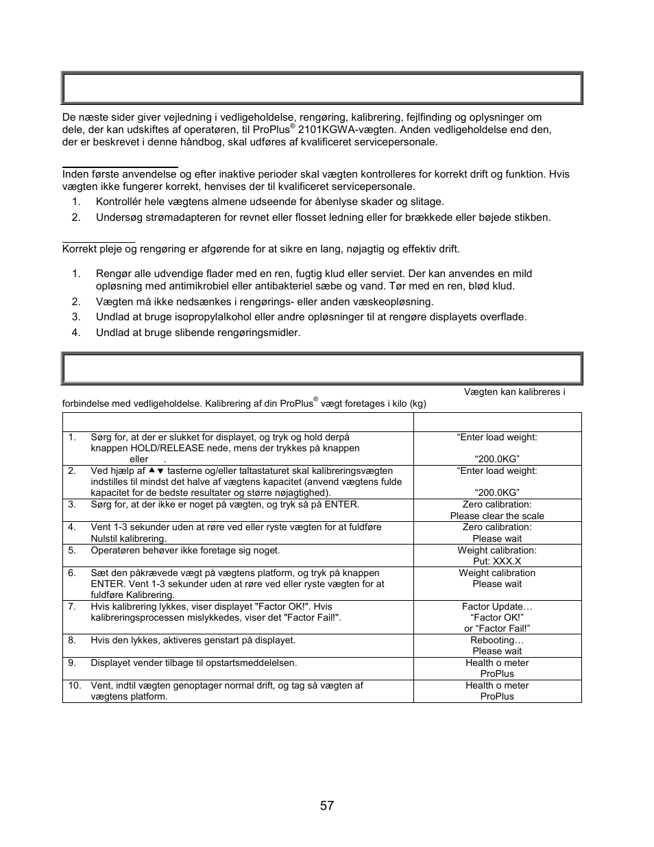 Vedligeholdelse/kalibrering, Vedligeholdelse, Kalibrering af 2101kgwa | Welch Allyn PROPLUS 2101KGWA Health-o-Meter Professional Scales - User Manual User Manual | Page 58 / 158