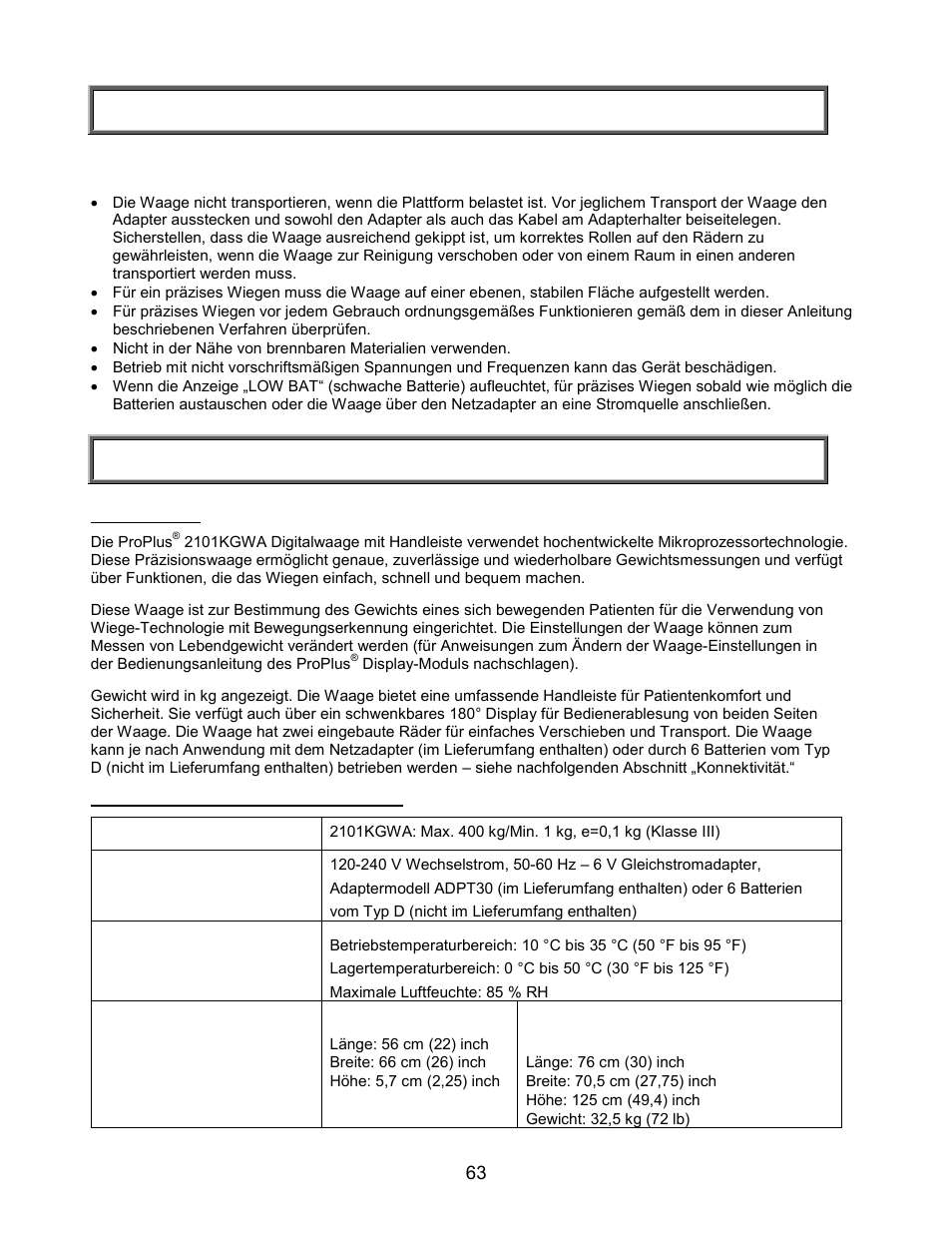 Vorsichtsmassnahmen und warnungen, Technische daten | Welch Allyn PROPLUS 2101KGWA Health-o-Meter Professional Scales - User Manual User Manual | Page 64 / 158