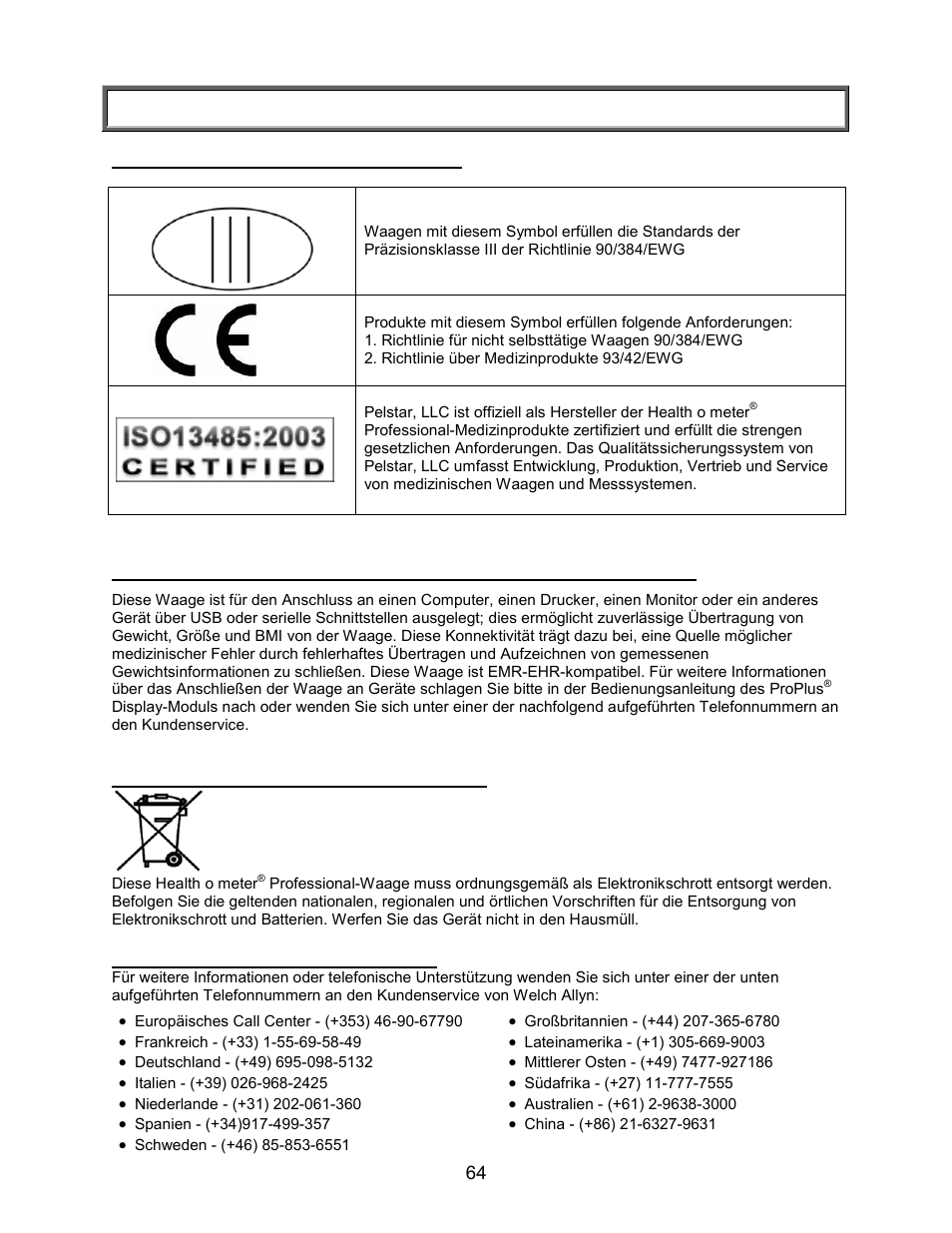 Zertifizierungen/konnektivität/entsorgung/service, Zertifizierungen/konnektivität/entsorgung | Welch Allyn PROPLUS 2101KGWA Health-o-Meter Professional Scales - User Manual User Manual | Page 65 / 158