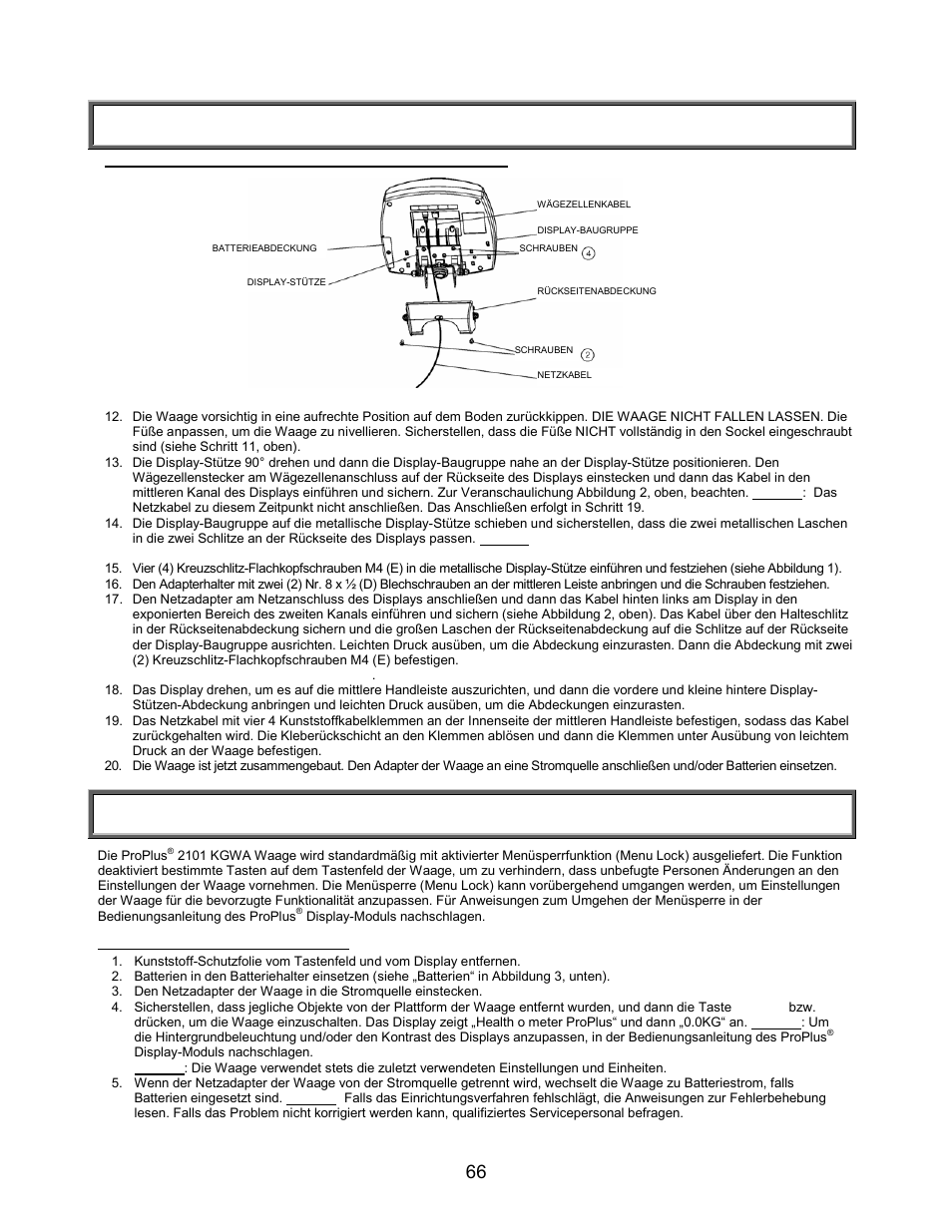 Einrichtung/batterien, Anleitung für den zusammenbau (fortsetzung), Einrichtung | Welch Allyn PROPLUS 2101KGWA Health-o-Meter Professional Scales - User Manual User Manual | Page 67 / 158