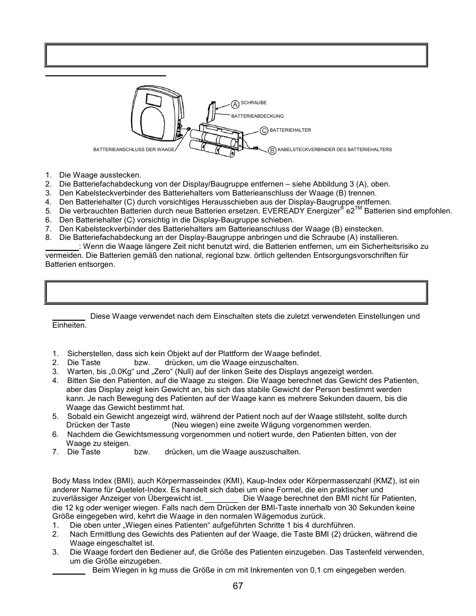 Kurzanleitung, Einrichtung/batterien | Welch Allyn PROPLUS 2101KGWA Health-o-Meter Professional Scales - User Manual User Manual | Page 68 / 158