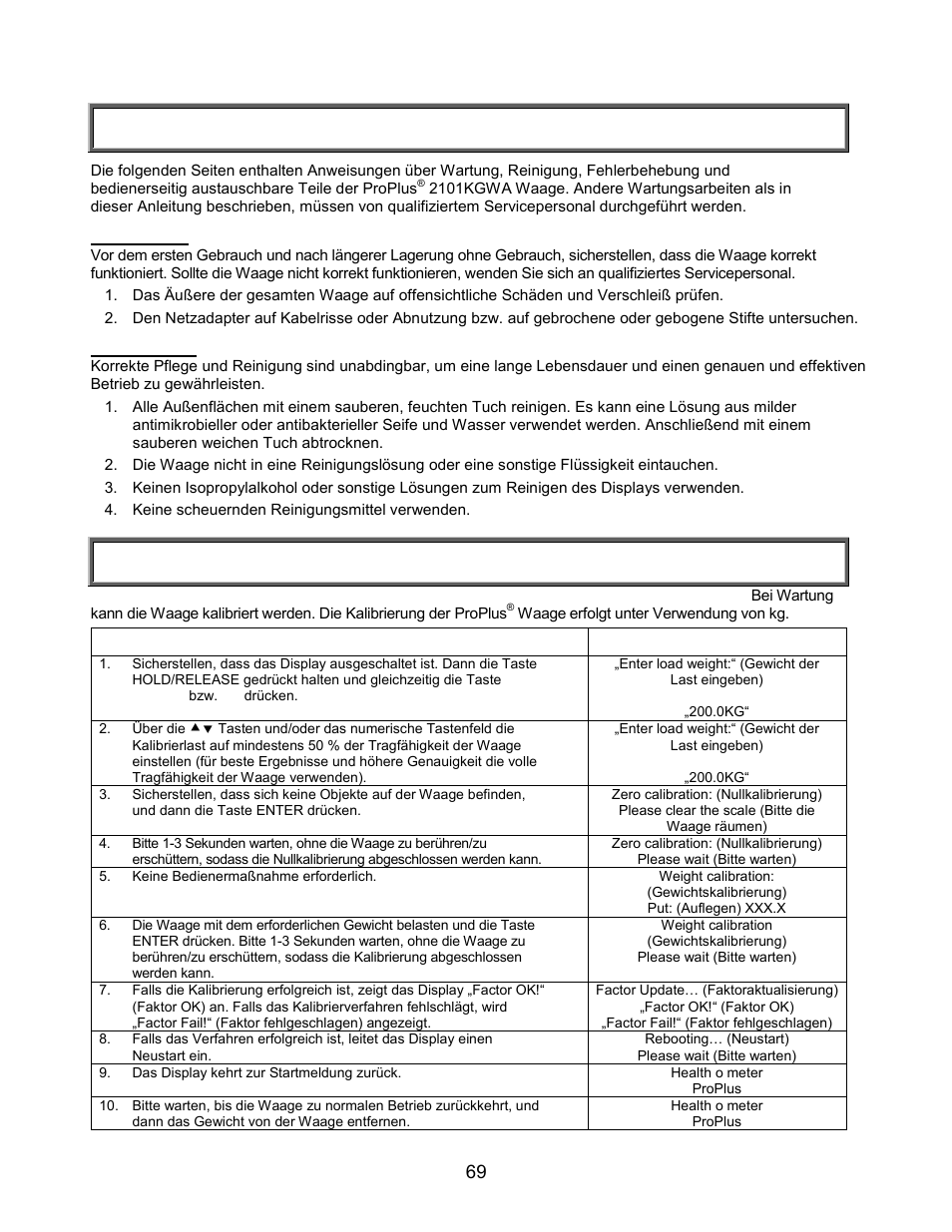 Wartung/kalibrierung, Wartung, 2101kgwa kalibrierung | Welch Allyn PROPLUS 2101KGWA Health-o-Meter Professional Scales - User Manual User Manual | Page 70 / 158
