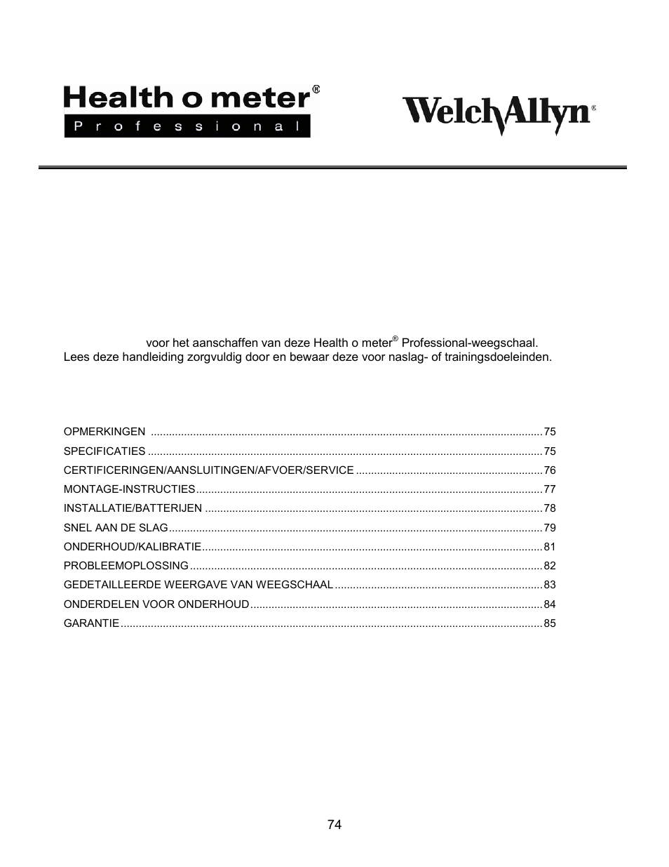 Inhoudsopgave, Proplus, 2101kgwa | Welch Allyn PROPLUS 2101KGWA Health-o-Meter Professional Scales - User Manual User Manual | Page 75 / 158