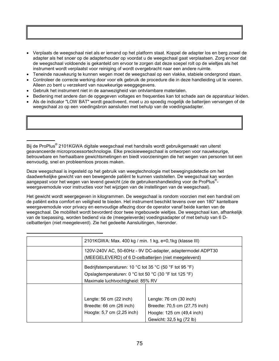 Opmerkingen, Specificaties, Opmerkingen en waarschuwingen | Welch Allyn PROPLUS 2101KGWA Health-o-Meter Professional Scales - User Manual User Manual | Page 76 / 158